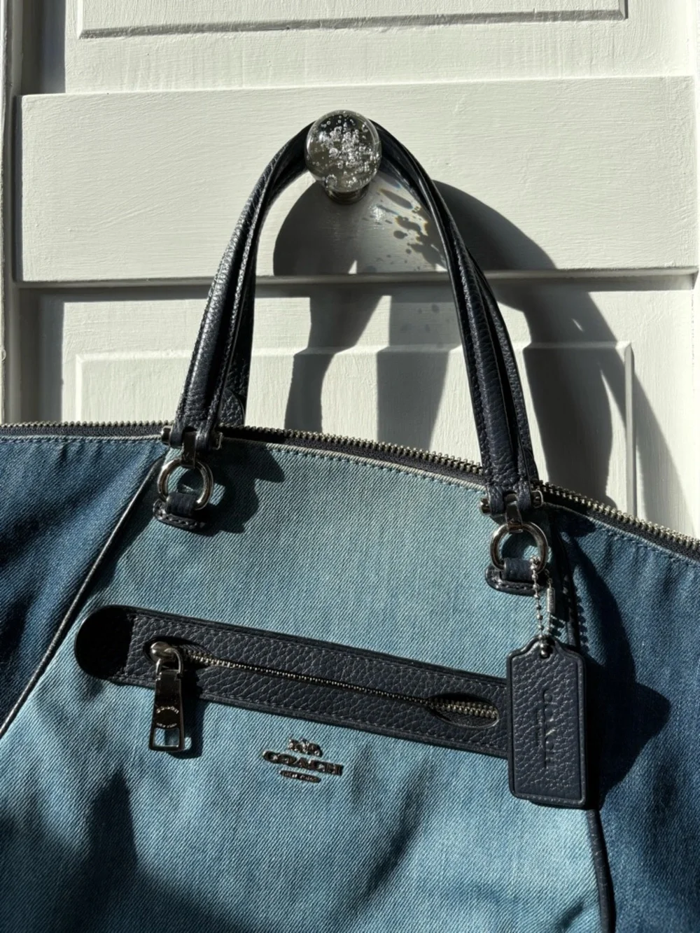 Coach Two-Tone Blue Denim Tote with Black Leather Trim - Picture 2 of 6